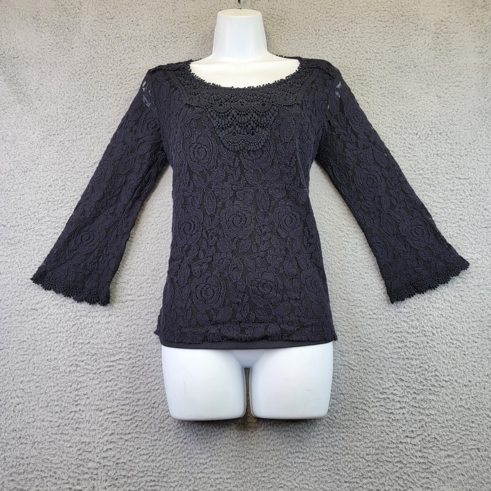 Style&Co Women's Shirt Size Small Black Floral Lace Blouse Stretchy Bell Sleeves